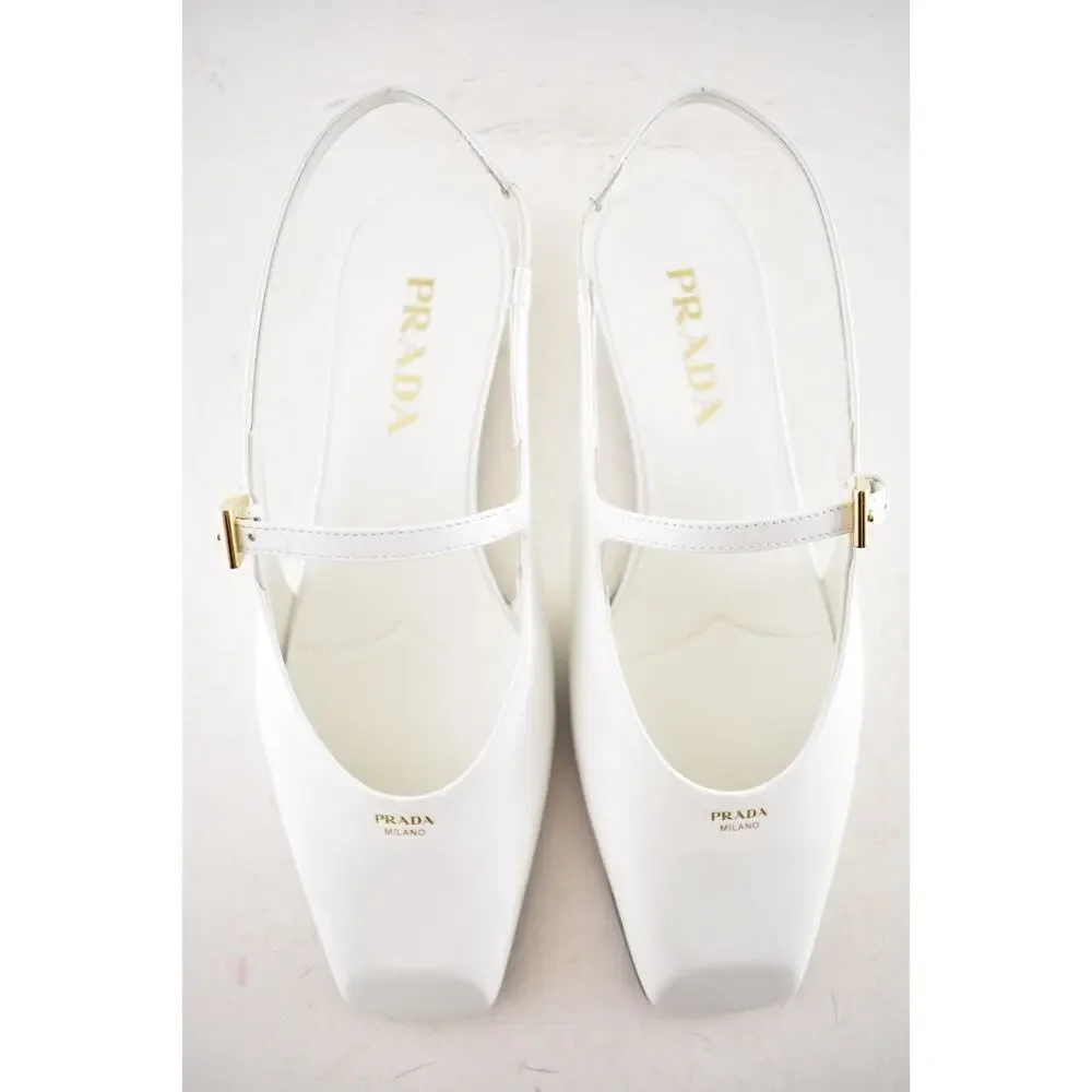 Prada White Leather Square Toe Mary Jane Slingback Ballerina Ballet Flat 37.5 - Picture 13 of 16